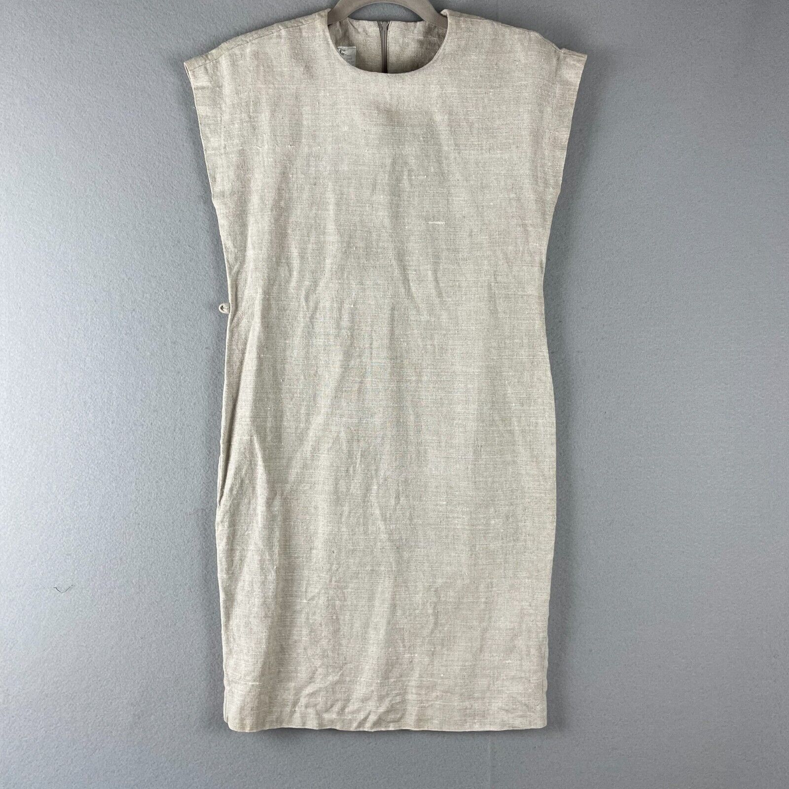 Vintage Linen Sheath Dress Womens Small Beige Monochrome Minimal Career Usa Made